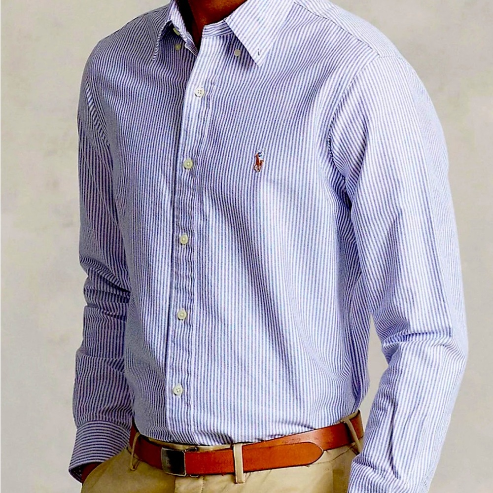 Ralph Lauren Yarmouth 100% cotton pinpoint oxford blue stripe 18 x 36/37